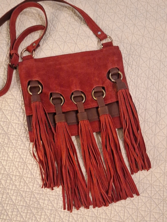 Free People Handbags - Free People Rust Red Suede Fringe Crossbody Bag w brass rings, leather accents